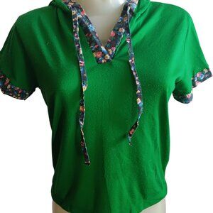 Vintage 1970's Medium Hoodie Top Green Short-Sleeve Floral Trim Single Stitch